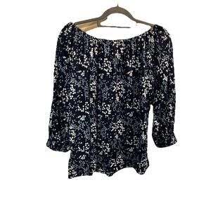 Michael Kors Black & White Floral Print Pullover Blouse Top 3/4 Sleeve Soft